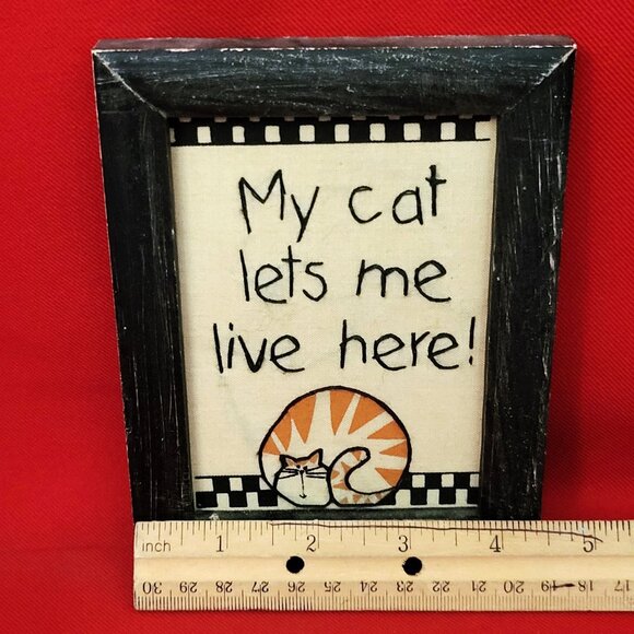 Distressed Framed Art Embroidered My Cat Lets Me Live Here - Picture 8 of 10